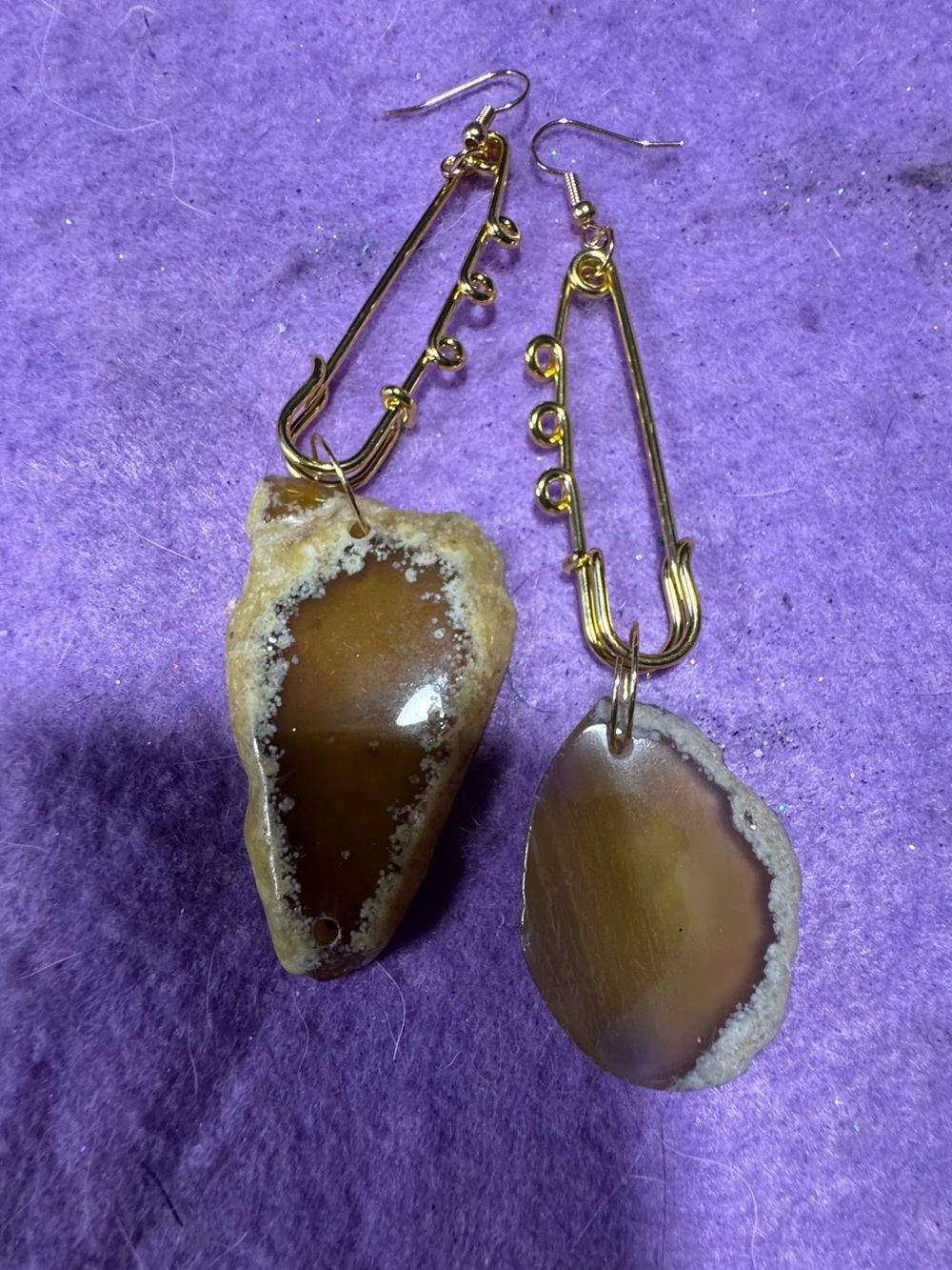 Natural Brown Agate golden safety pin  Earrings - Gold Tone